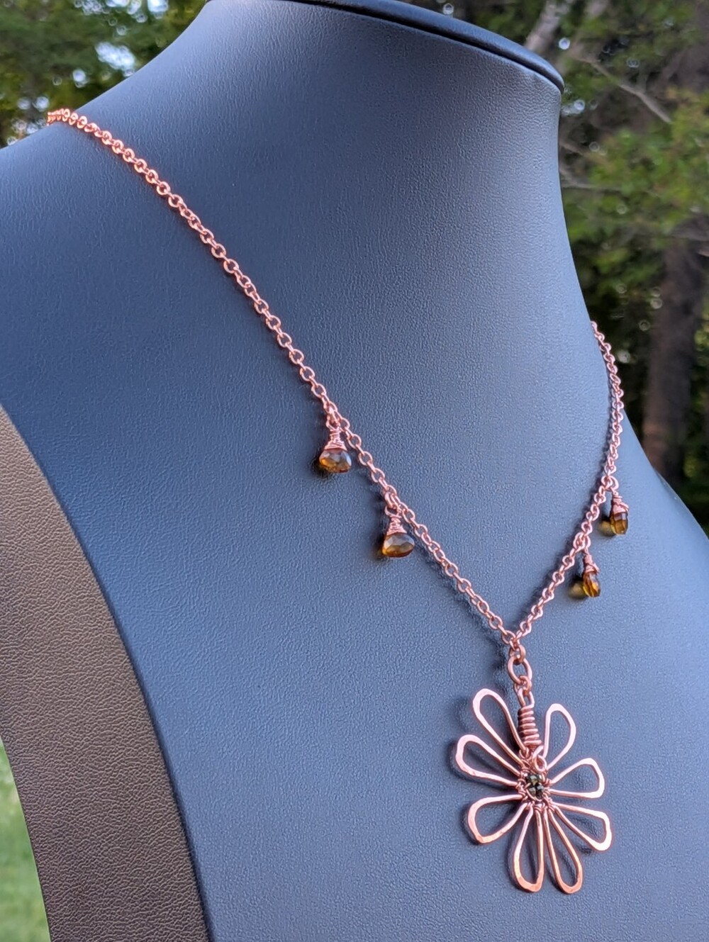 Adjustable Copper Flower Necklace Rare Cognac Quartz Gemstone Drops - Picture 5 of 16